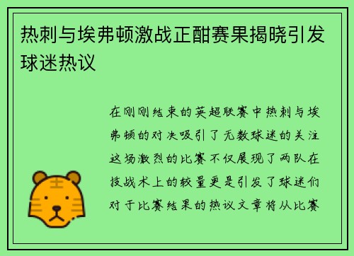 热刺与埃弗顿激战正酣赛果揭晓引发球迷热议